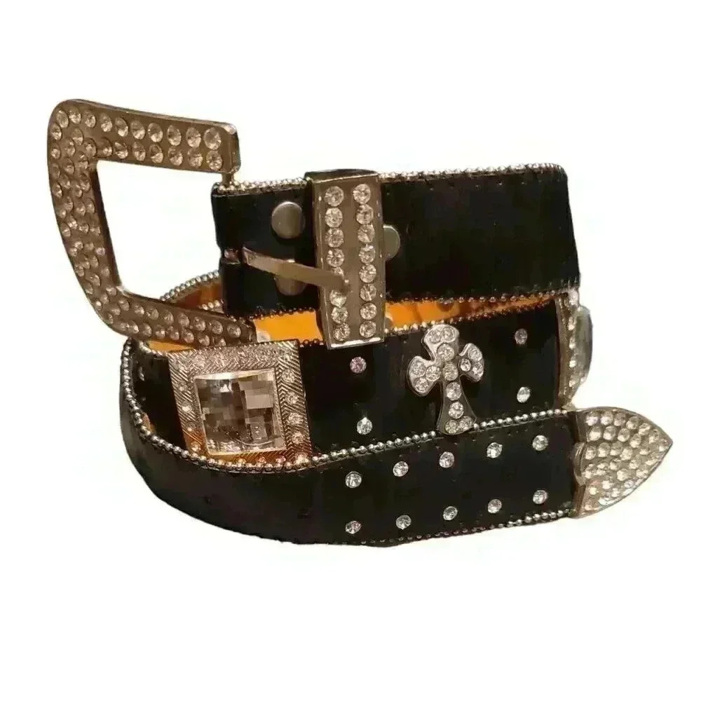 Black Western Cross Studded Bling Belt  Sz 31-37in Approximate